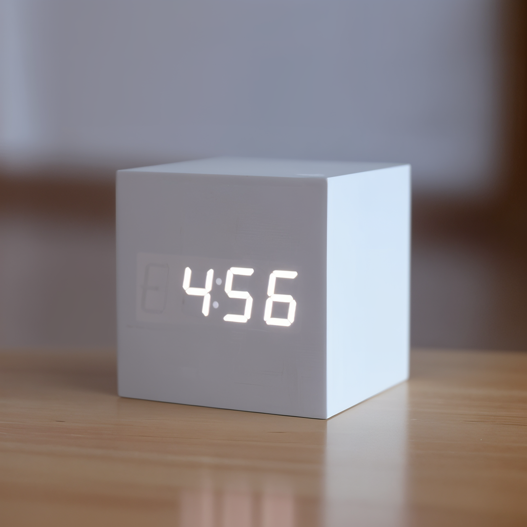 Smart digitalt vækkeur (ClockyCube) med klar LED-visning og stemmestyring. Perfekt som moderne bordur.