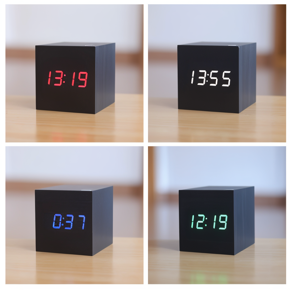 ClockyCube digitalt vækkeur. Funktionelt LED alarmur med stemmeaktivering, temperatur og stilrent design.
