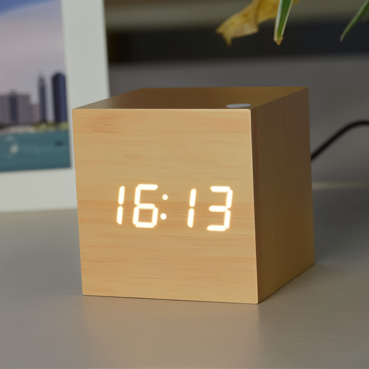 Stilrent digitalt vækkeur (ClockyCube) med LED display, temperaturvisning. Minimalistisk bordur.