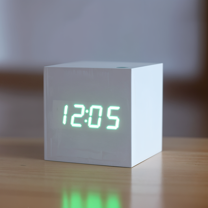 Hvidt ClockyCube digitalt vækkeur. Elegant bordur med LED display, perfekt til minimalistisk indretning.