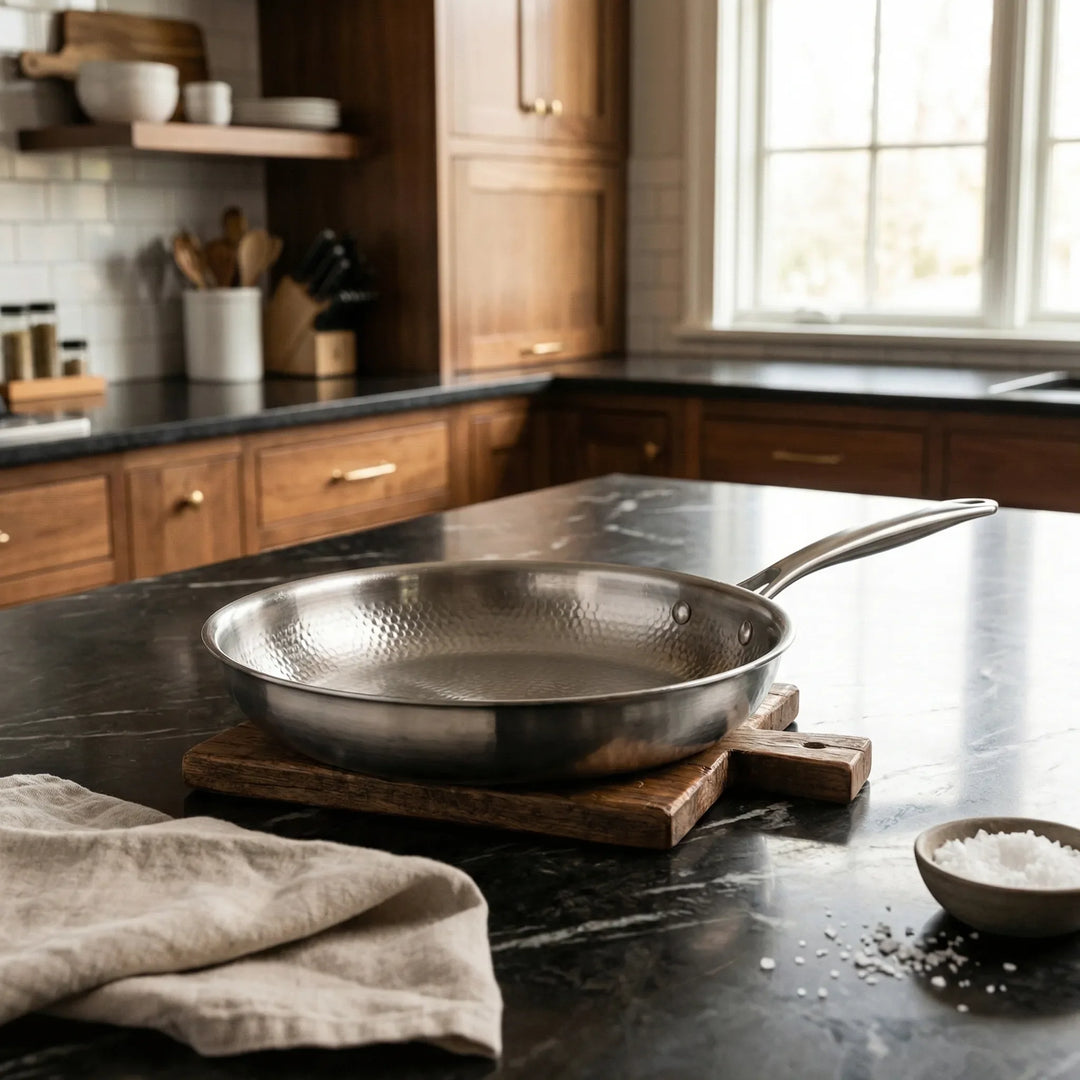 Coatingfri stegepande til induktion og gas. Robust køkkenudstyr for ensartet varme og perfekte madlavningsresultater.