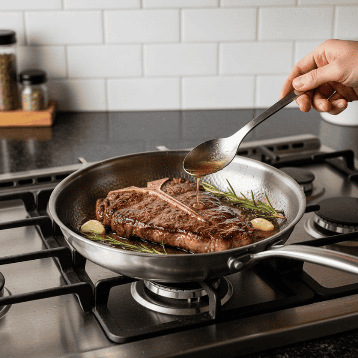 Saftig steak tilberedt på robust coatingfri stegepande. Perfekt til sund madlavning og ensartet bruning.