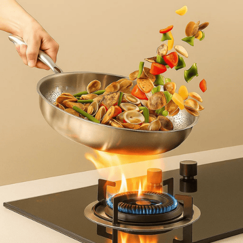Detalje af den robuste coatingfri stegepandes håndtag og tykke bund, designet til lang holdbarhed i køkkenet.