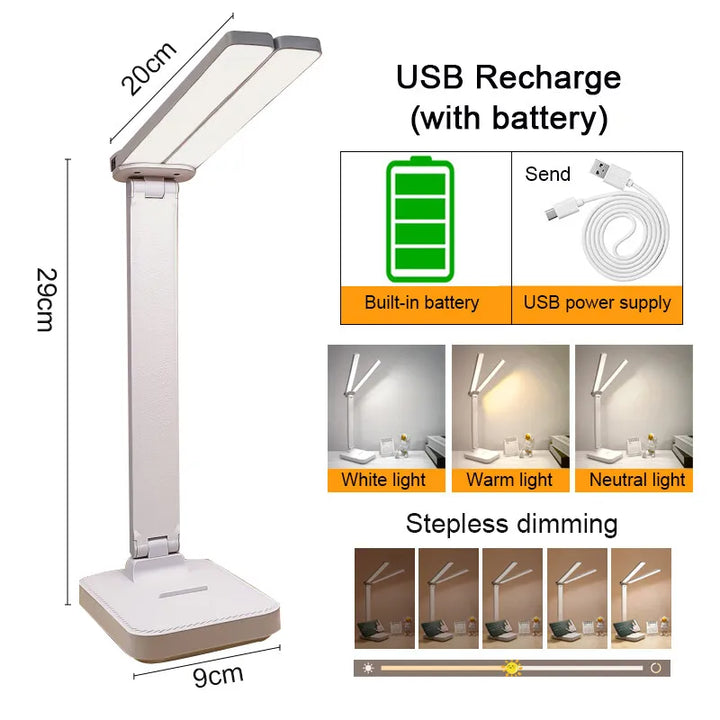 Elegant foldbar LED bordlampe med berøringsbetjening. Dæmpbar og USB opladelig, perfekt som studie- og natlampe.