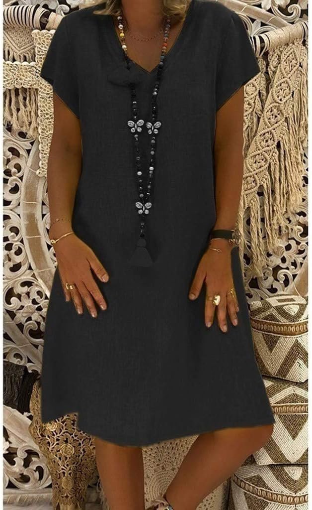 Elegant A-line damekjole med V-hals og korte ærmer, minikjole til sommer, fås også i plus size.
