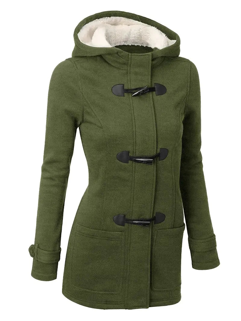 Elegant dame duffelcoat i klassisk stil med hætte. Komfortabel og smart casual vinterfrakke til udendørs brug.
