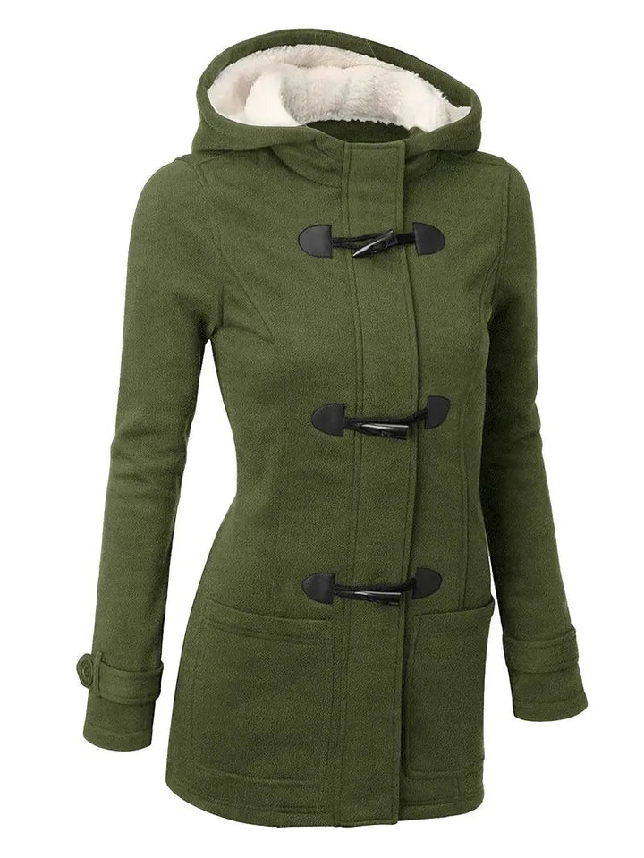 Elegant dame duffelcoat i klassisk stil med hætte. Komfortabel og smart casual vinterfrakke til udendørs brug.