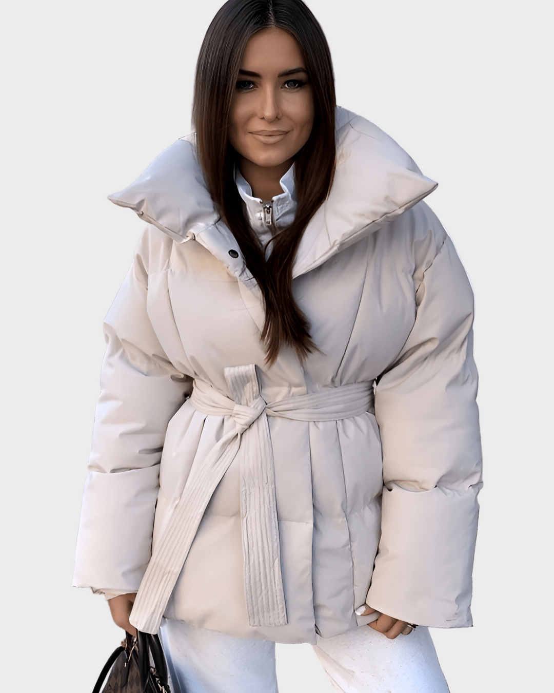 Dame Ella oversize vinterjakke i beige, tidløs og komfortabel stilfuld yderbeklædning.
