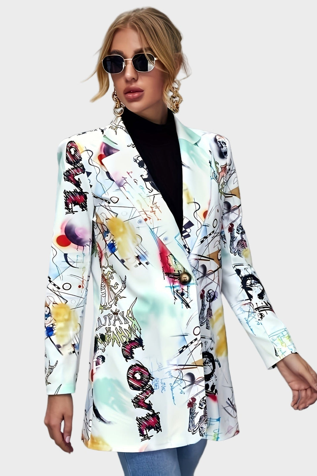 Dame Graffiti Blazer i flerfarvet, kunstnerisk design.
