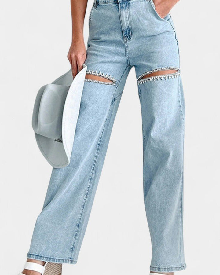 Trendy dame wide leg jeans med høj talje og rå detaljer. Ideel til et afslappet, stilfuldt look.