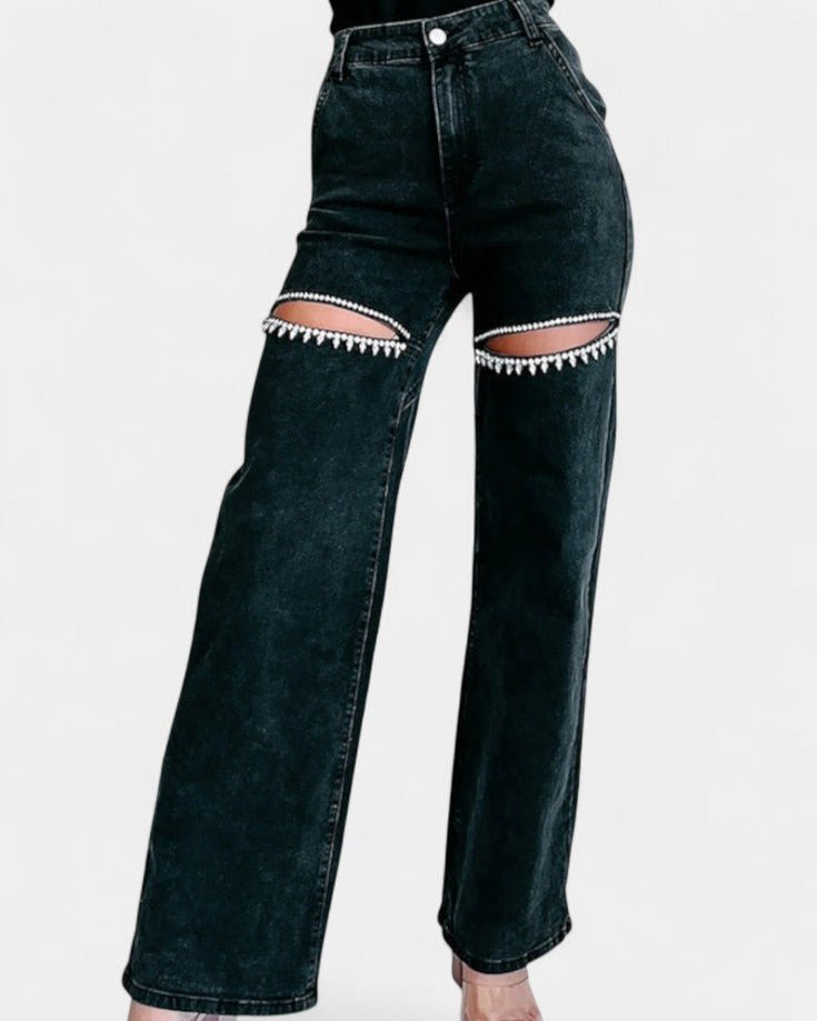 Lyseblå dame højtaljede wide leg jeans med rå slid. Komfortable og trendy fritidsbukser.