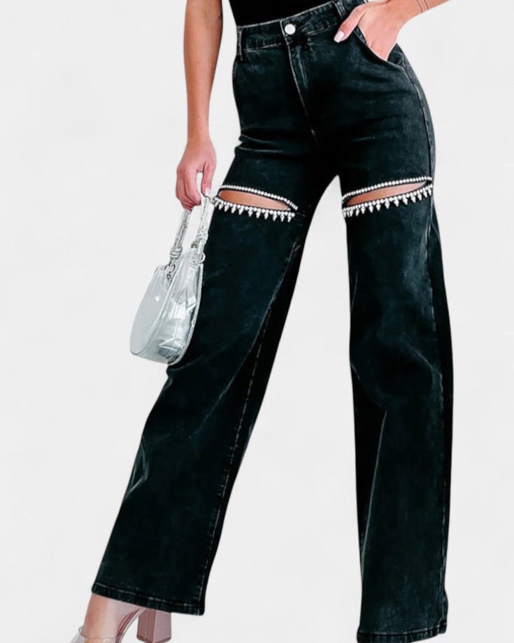 Moderne damebukser: Højtaljede wide leg jeans med rå slid. Et must-have til din garderobe.