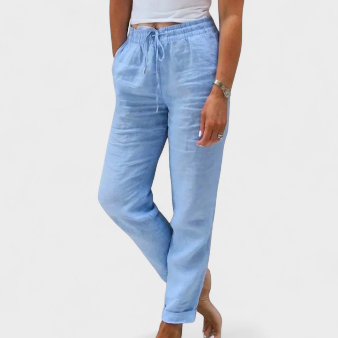 Komfortable damebukser i hør, ideelle til casual hverdagsstil eller en elegant sommeraften.