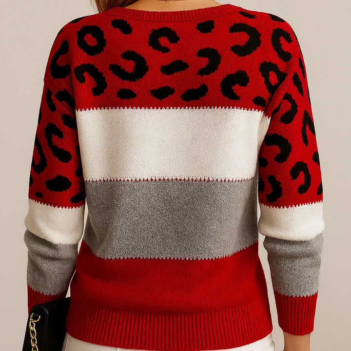 Alsidig dame leopard striktrøje med farveblok. Trendy og komfortabel strik til afslappet hverdagsstil.
