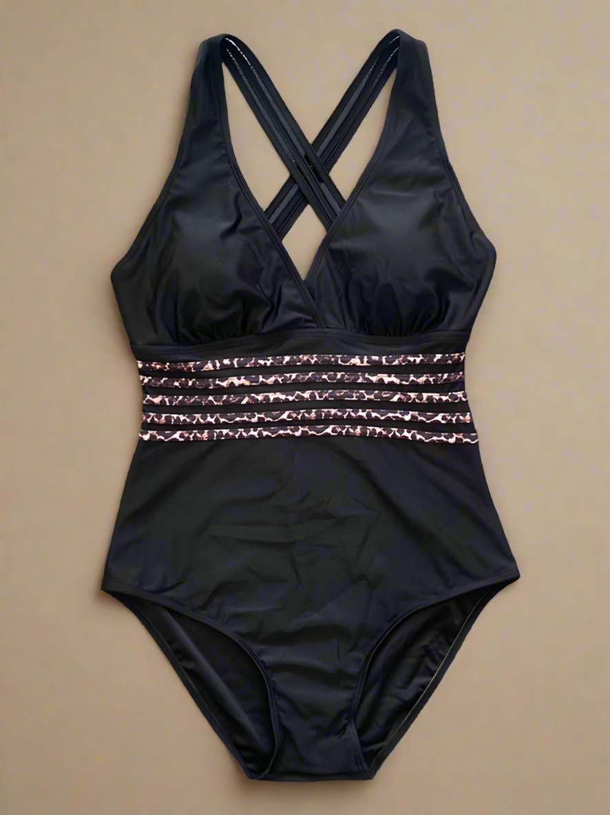 Dame leopardprint badedragt med dyb halsudskæring, elegant design til strand og pool.