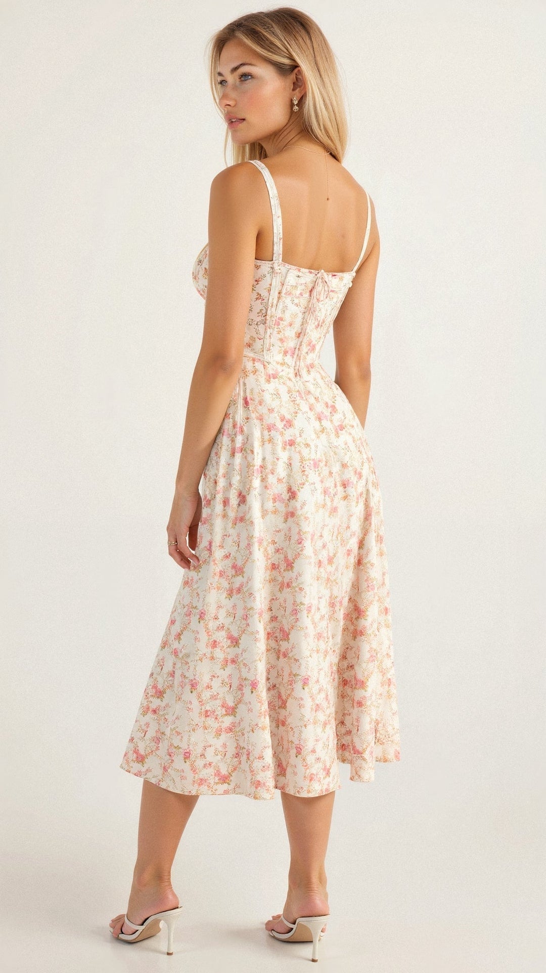 Elegant dame midikjole i farverigt blomsterprint, med sofistikeret slids og justerbare stropper.