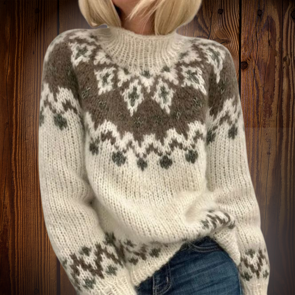 Elegant dame sweater med nordisk mønster. Alsidig og varm til hverdag, perfekt for vintermode.