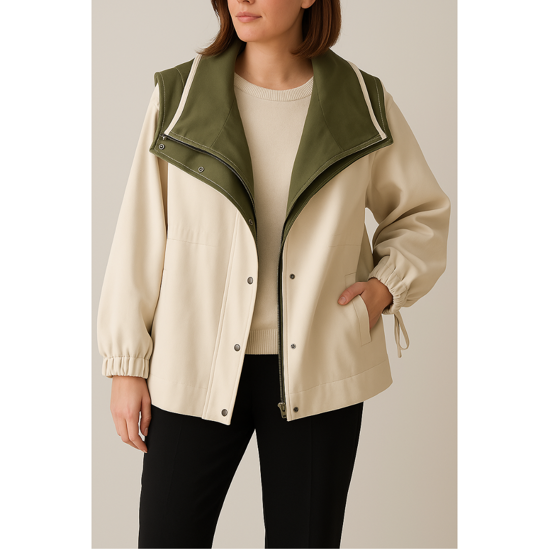 Dame hættejakke med kontrastfarver og oversize fit. Trendy overgangsjakke til forår og efterår.