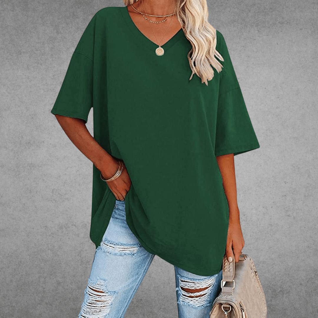 Afslappet dame oversized v-hals t-shirt. Komfortabel til sommertøj & hverdag.