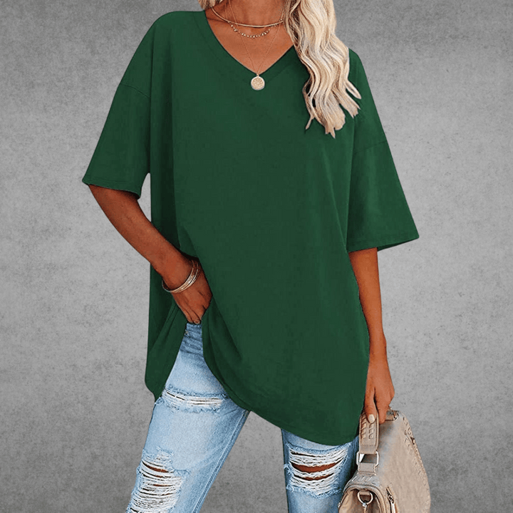 Afslappet dame oversized v-hals t-shirt. Komfortabel til sommertøj & hverdag.