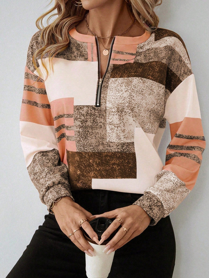 Casual chic dame patchwork bluse med lynlås, ideel til afslappede dage og stilfuld.