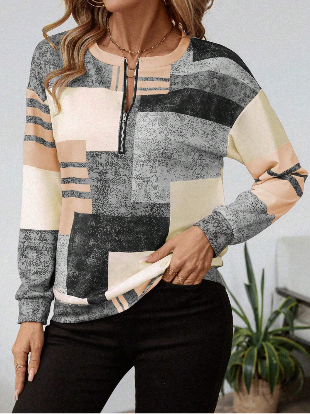 Dame patchwork lynlåsbluse i afslappet pasform, langærmet til casual hverdagsbrug.