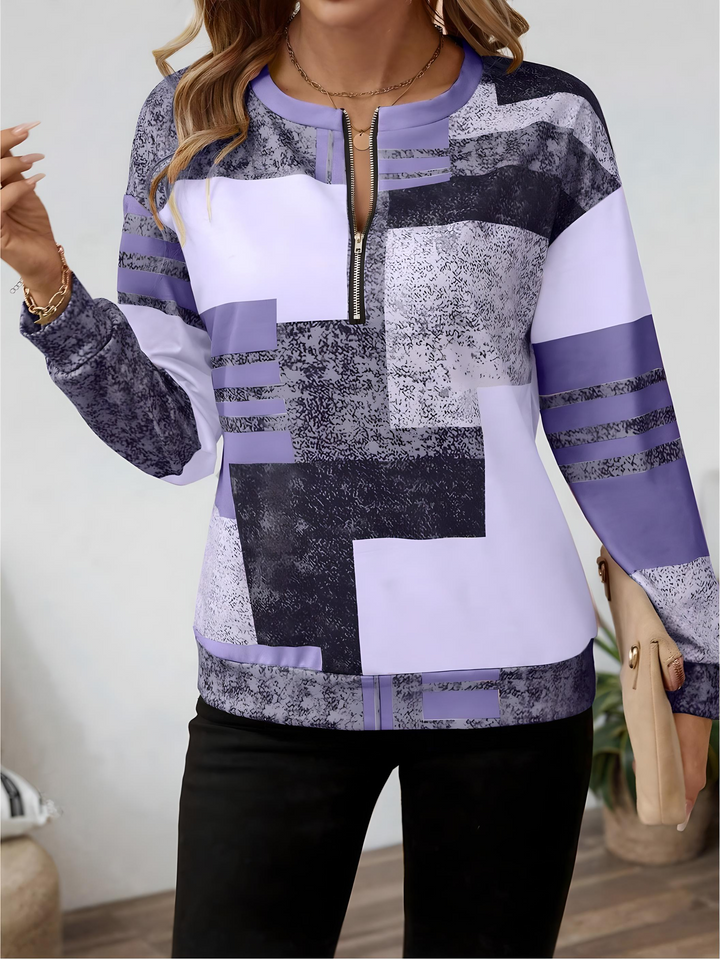 Åndbar dame patchwork bluse med lynlås, komfortabel langærmet overdel til alle sæsoner.