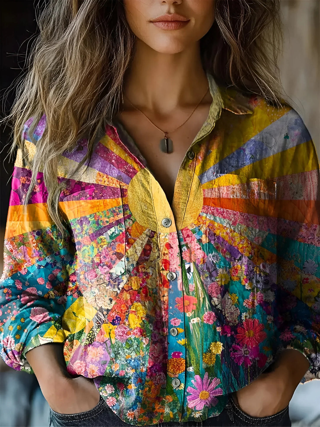 Dame solsikketrøje med farverigt patchwork, blomsterdesign. Langærmet boho trøje til forår/sommer, afslappet stil.
