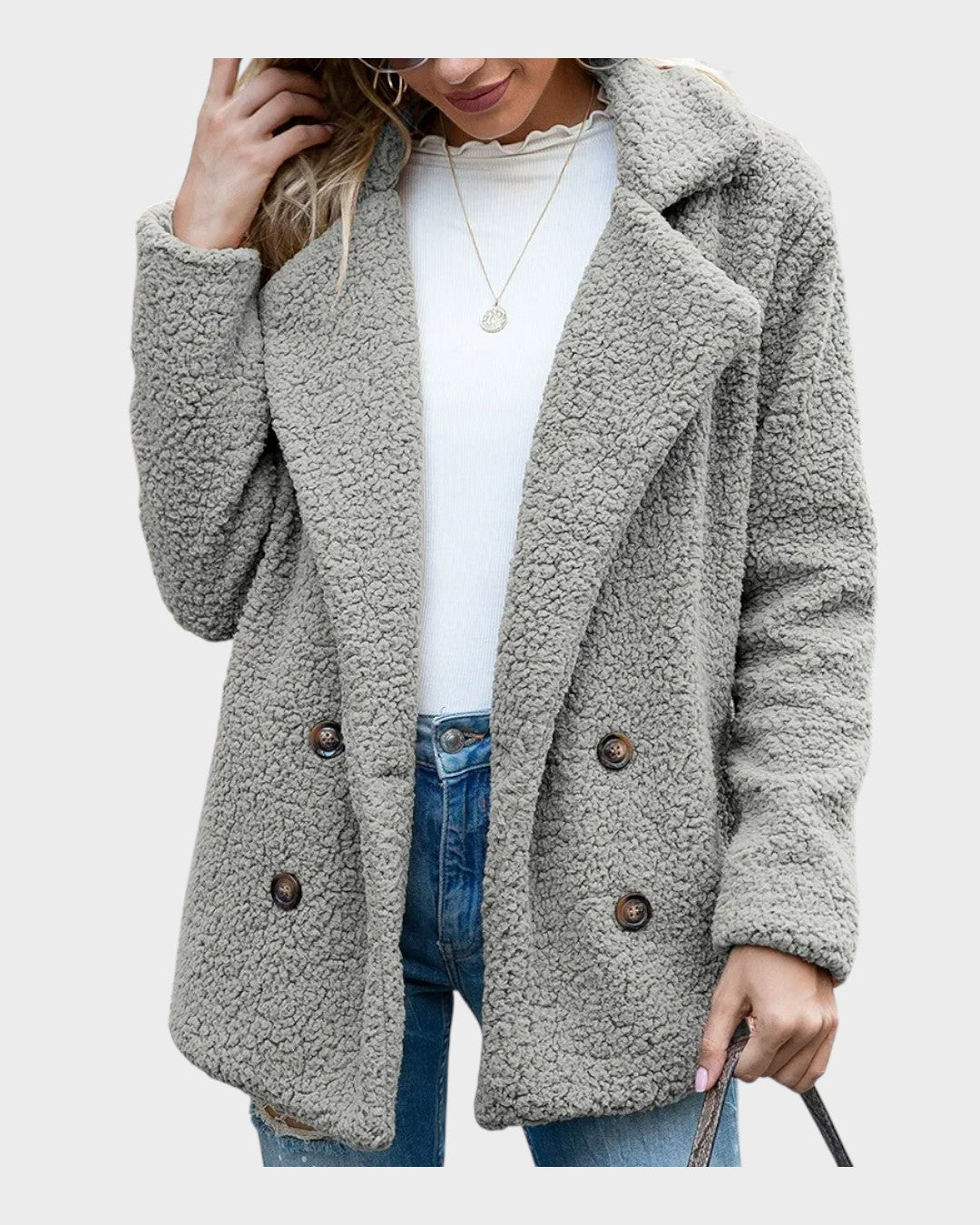 Dame fleecefrakke i teddylook. Superblød og varm frakke, perfekt til en kold vinterdag.