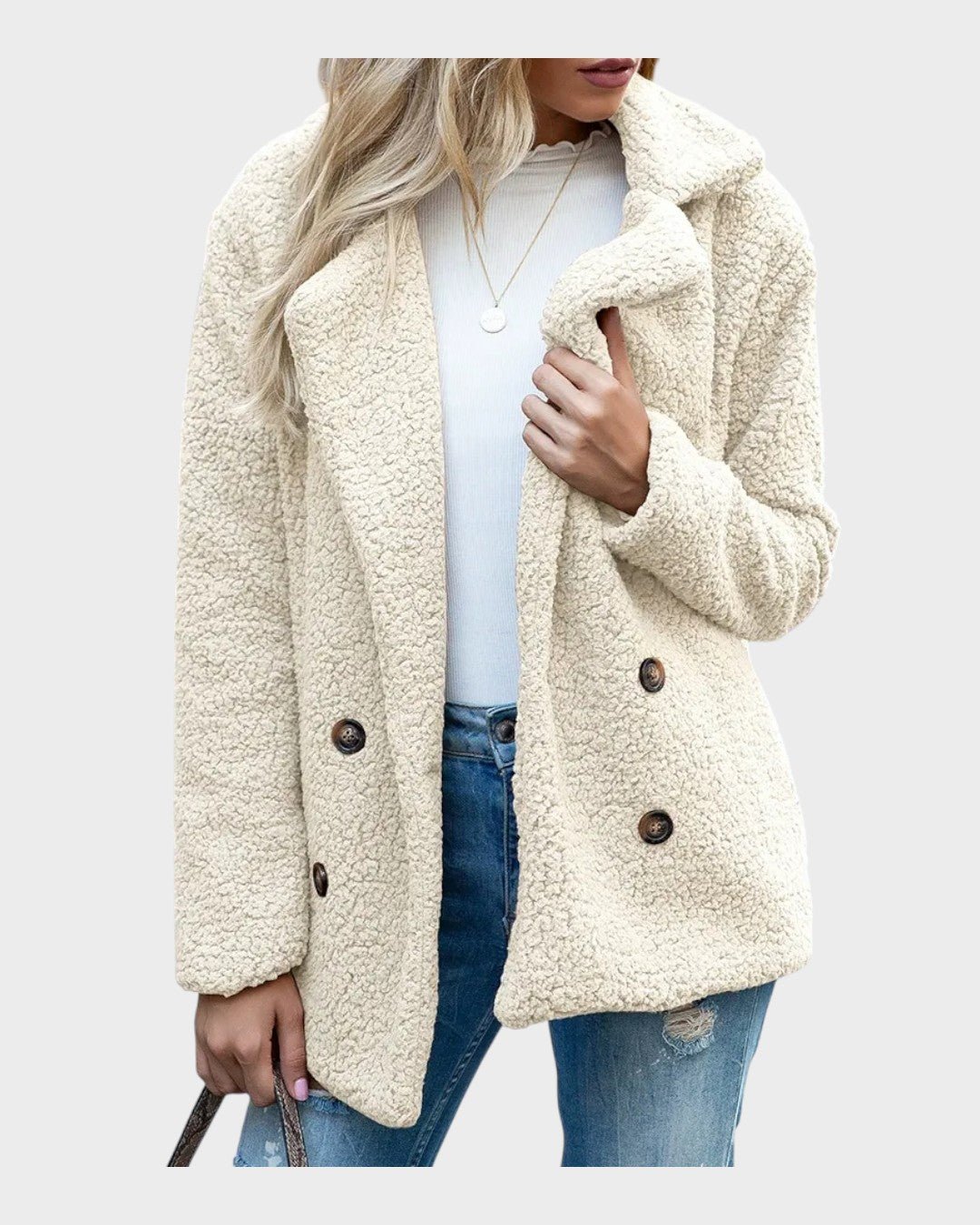 Varm damefrakke i teddyfleece. Blød og stilfuld fleecefrakke perfekt til vinter.