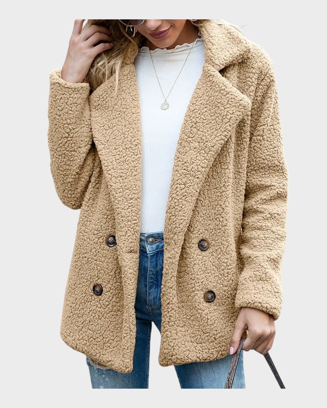 Blød teddyfleece vinterfrakke. Klassisk damefrakke i polyester, varm og elegant til udendørs brug.