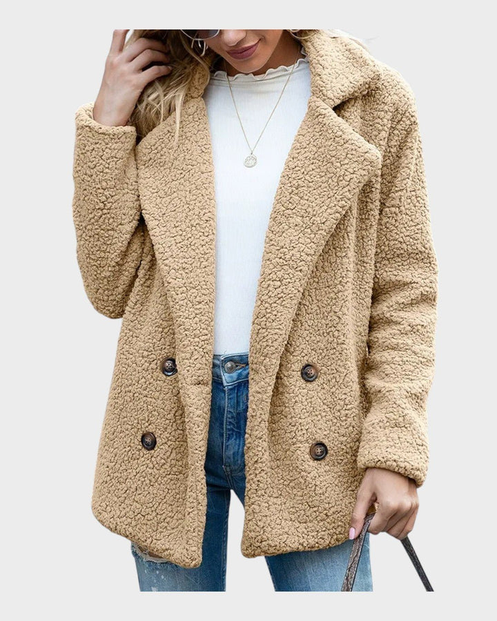 Blød teddyfleece vinterfrakke. Klassisk damefrakke i polyester, varm og elegant til udendørs brug.
