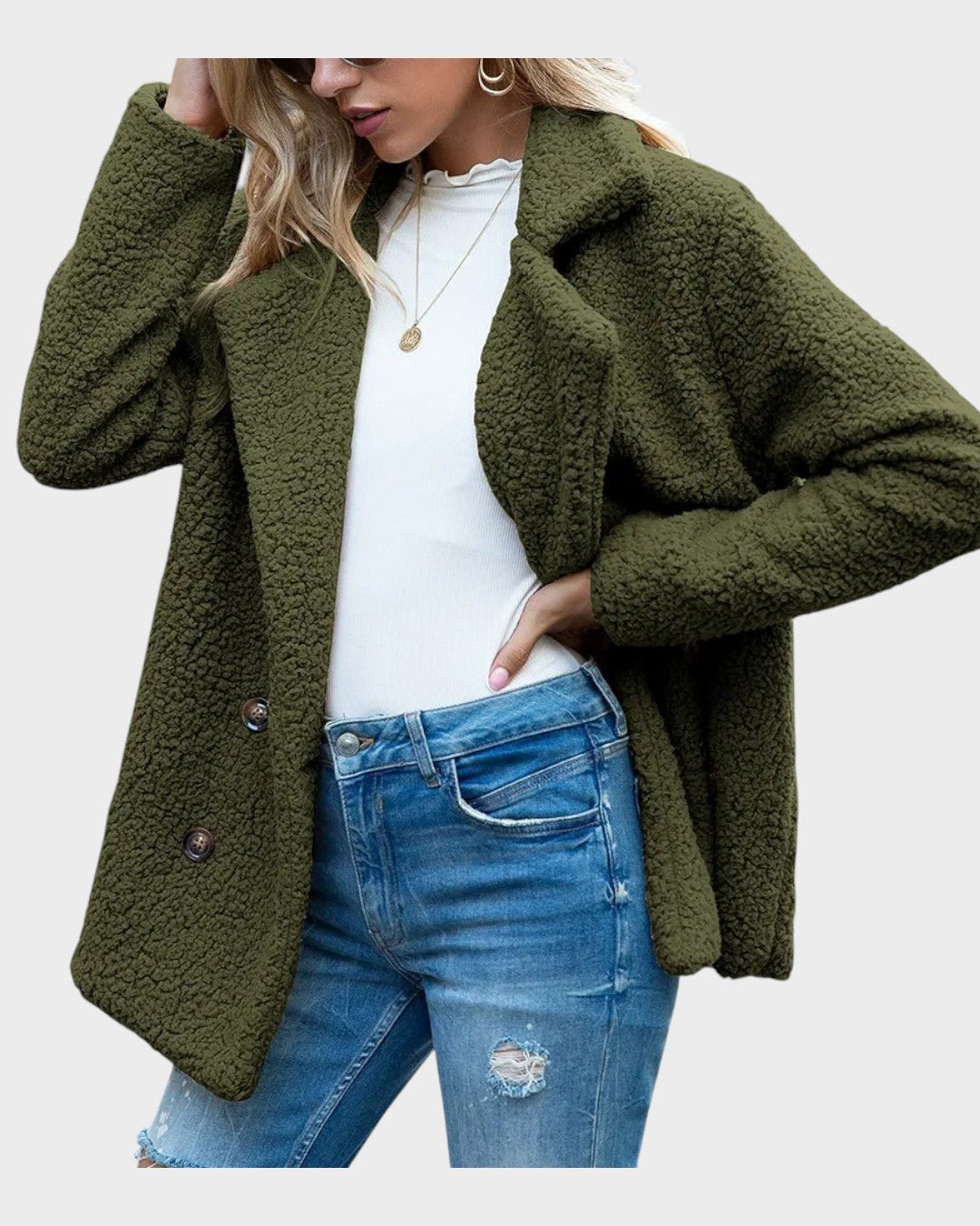 Vinterklar damefrakke. Varm teddyfleece designet for maksimal komfort og elegance i kulden.