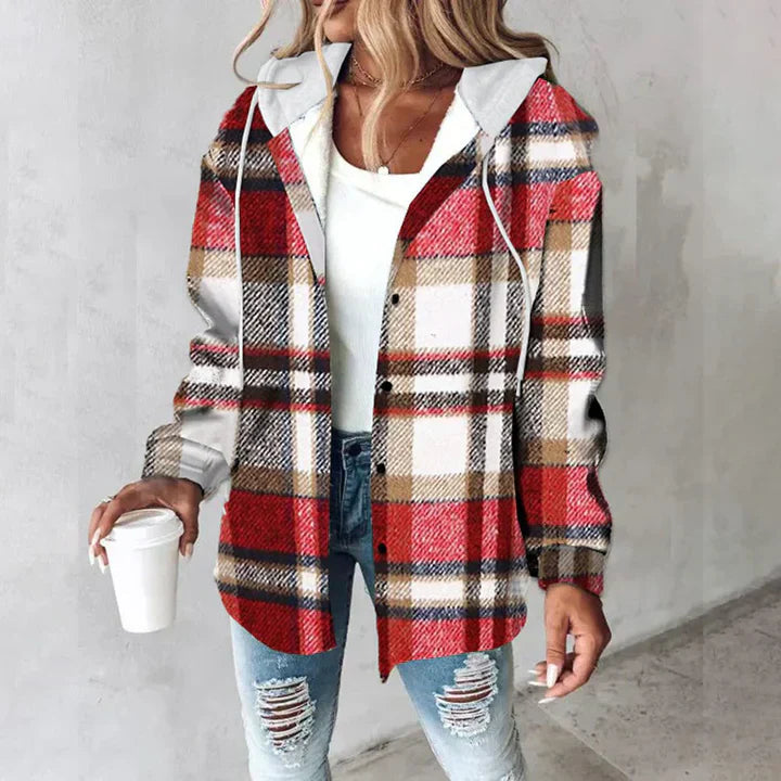 Trendy ternet dame skjortejakke med hætte, ideel til et afslappet overgangslook. Moderigtig kvindemode.