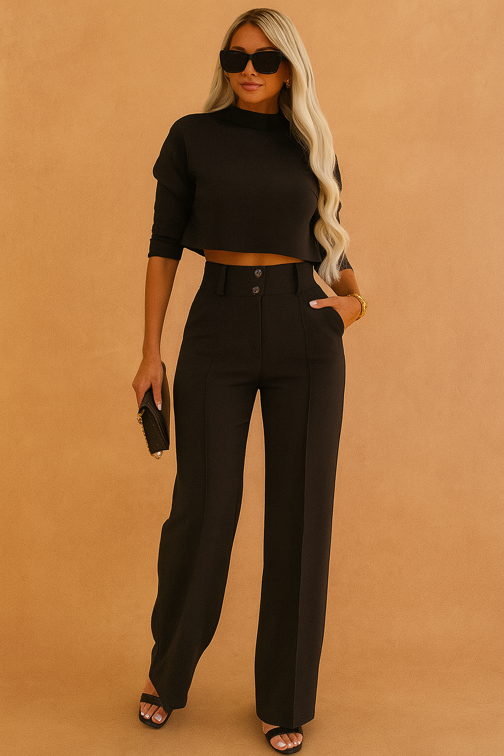 Dame todelt sæt med stilfuld crop top og elegante vide benbukser. Perfekt til fest og fritid.