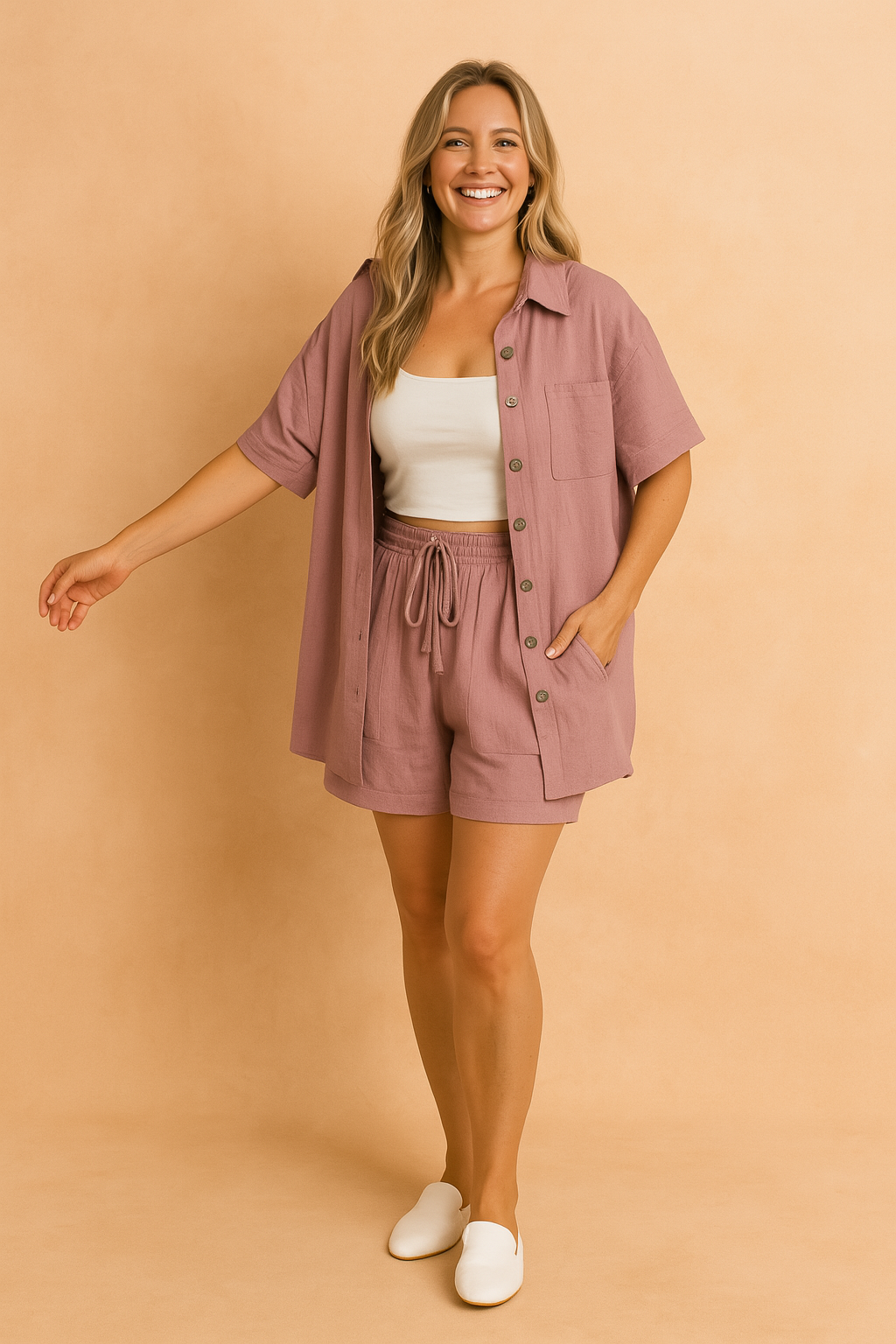 Smart todelt kvindesæt med skjorte og shorts, et must-have for afslappet sommerstil.