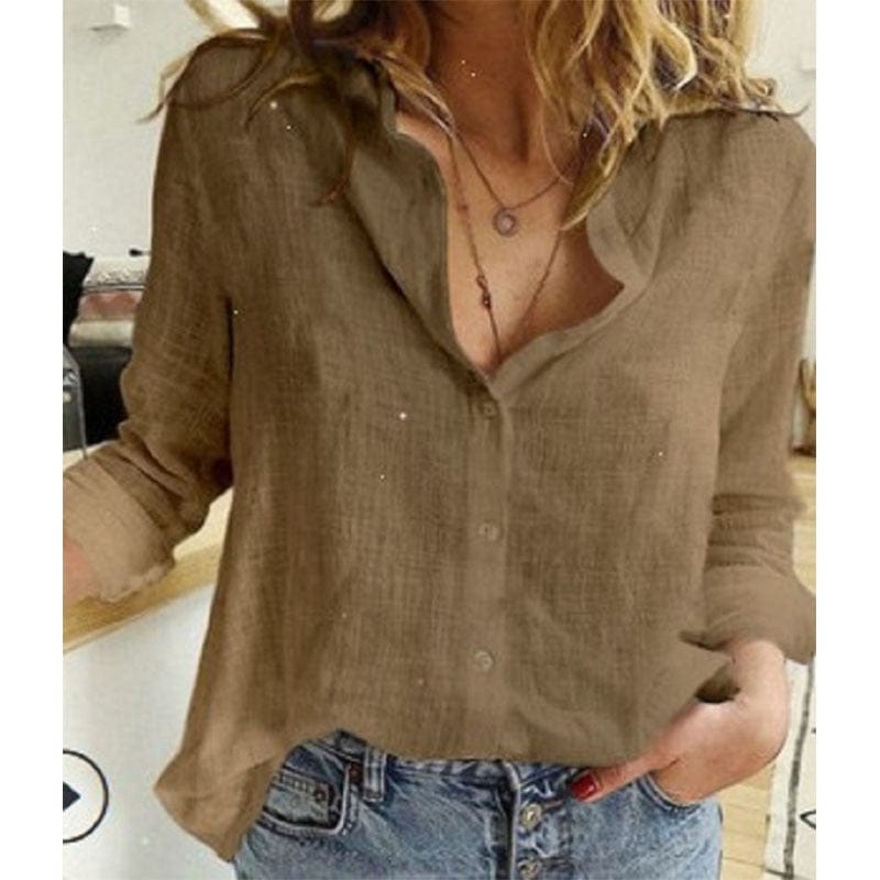 Langærmet dame V-hals bluse med knapper. Viser komfortabel pasform og alsidigt design, perfekt til modebevidste kvinder.