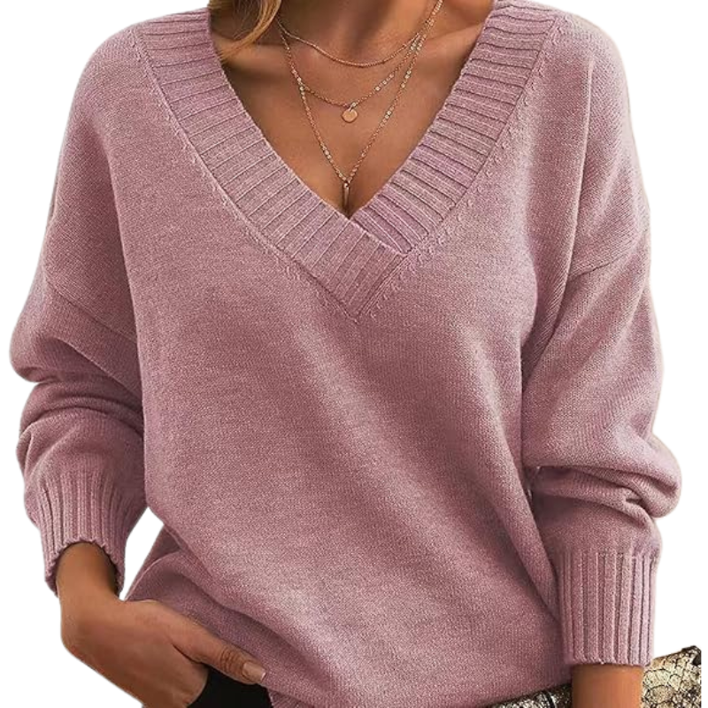 Varm dame V-hals sweater. Afslappet pasform, langærmet strik, en must-have til kvindemode.