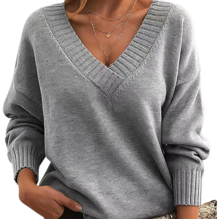 Hverdags V-hals sweater for kvinder. Afslappet pasform, stilfuld strik, perfekt som komfort sweater.