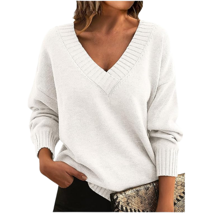 Komfortabel dame V-hals sweater. Langærmet strik, ideel til kvindemode og hverdagsbrug.