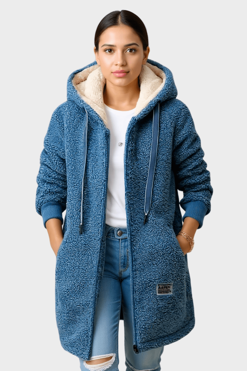 Dame varm teddyjakke med hætte i blød fleece. Perfekt hverdagsjakke til kolde dage.