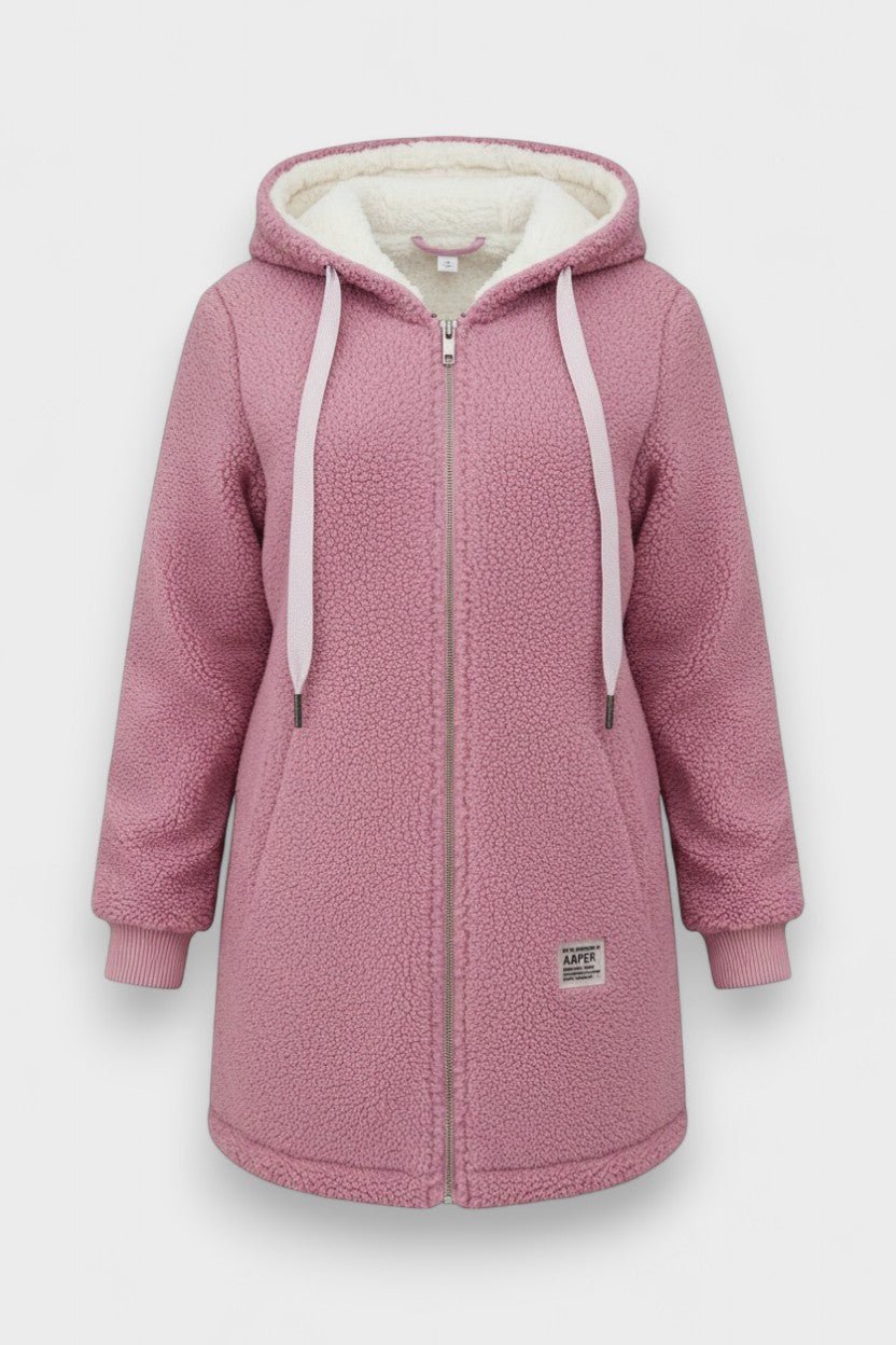 Komfortabel dame vinterjakke: Blød teddyjakke med hætte. Perfekt hverdagsjakke i fleece.