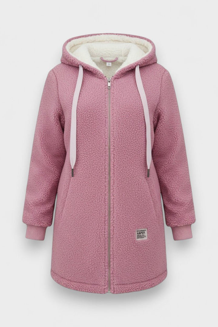 Komfortabel dame vinterjakke: Blød teddyjakke med hætte. Perfekt hverdagsjakke i fleece.