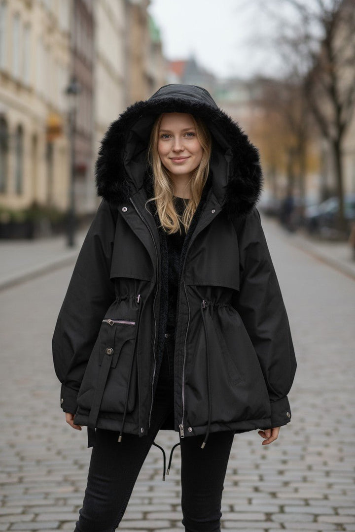 Kvinders vinterjakke med justerbar talje, varm faux fur hætte for optimal komfort og stil.