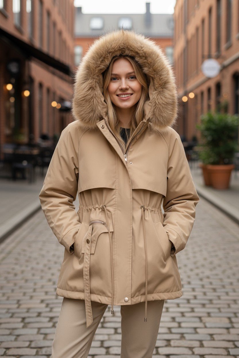 Alsidig damejakke med hætte og varm faux fur. Perfekt overtøj til kolde dage.