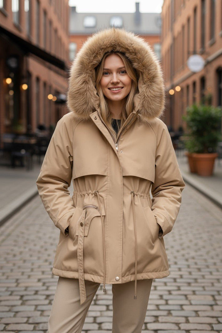 Alsidig damejakke med hætte og varm faux fur. Perfekt overtøj til kolde dage.