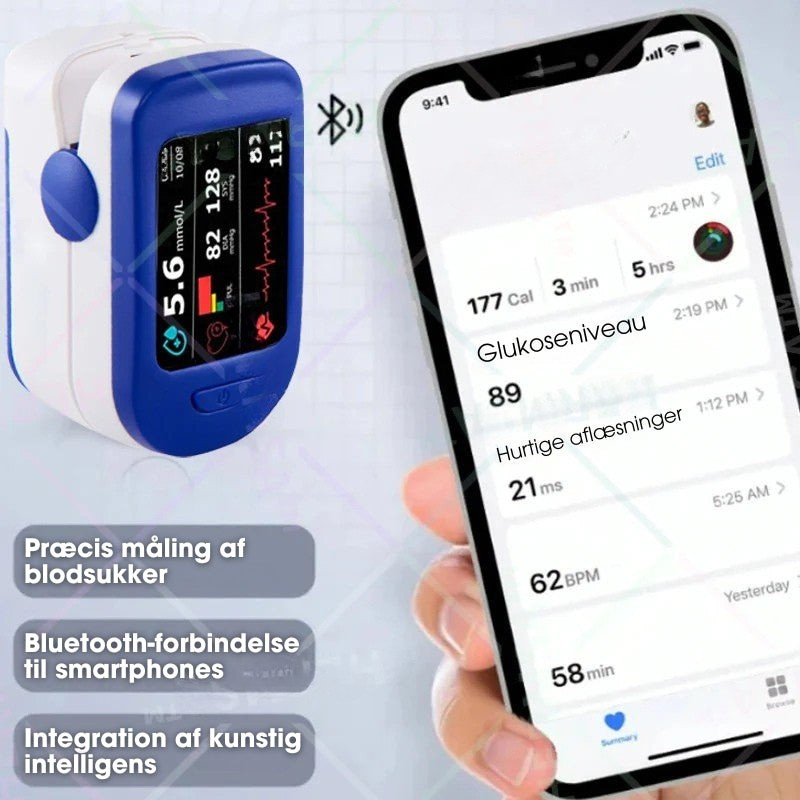 Sundhedsovervågning med digitalt pulsoximeter. Måler iltmætning og puls hurtigt.
