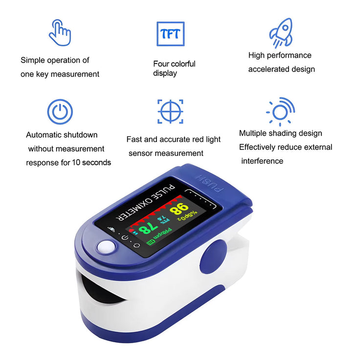 Bærbart digitalt pulsoximeter til SpO2 og puls. Ideelt for sundhed, fitness og hjemmebrug.