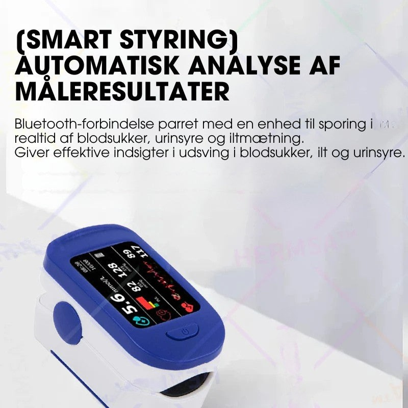 Kompakt digitalt finger pulsoximeter med tydelig skærm for SpO2 og puls.