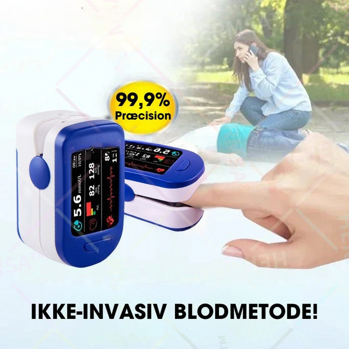 Digitalt fingerpulsoximeter til SpO2, puls og generel velvære. Optimal til hjemmebrug.